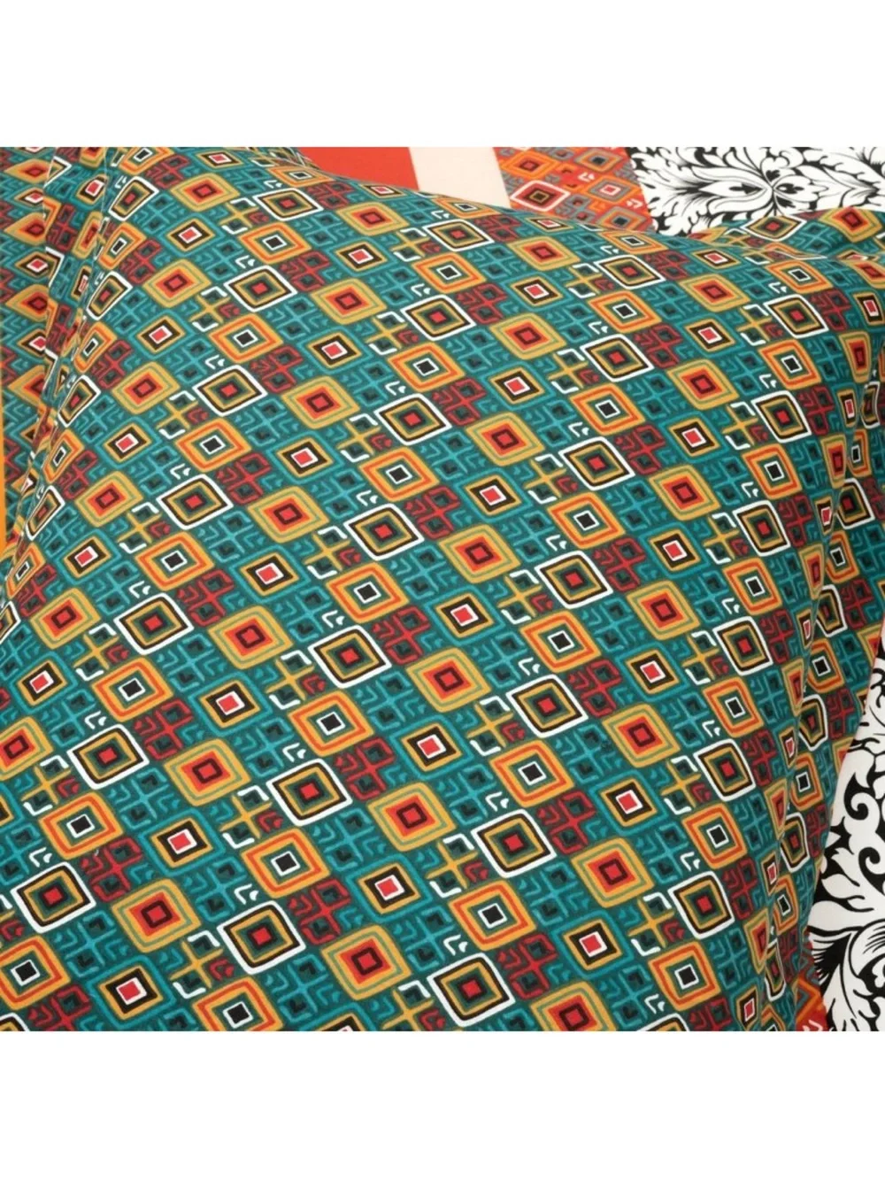 Lush King Multicolor Striped Duvet Cover  Set,Turquoise/Red/Mustard/Orange
